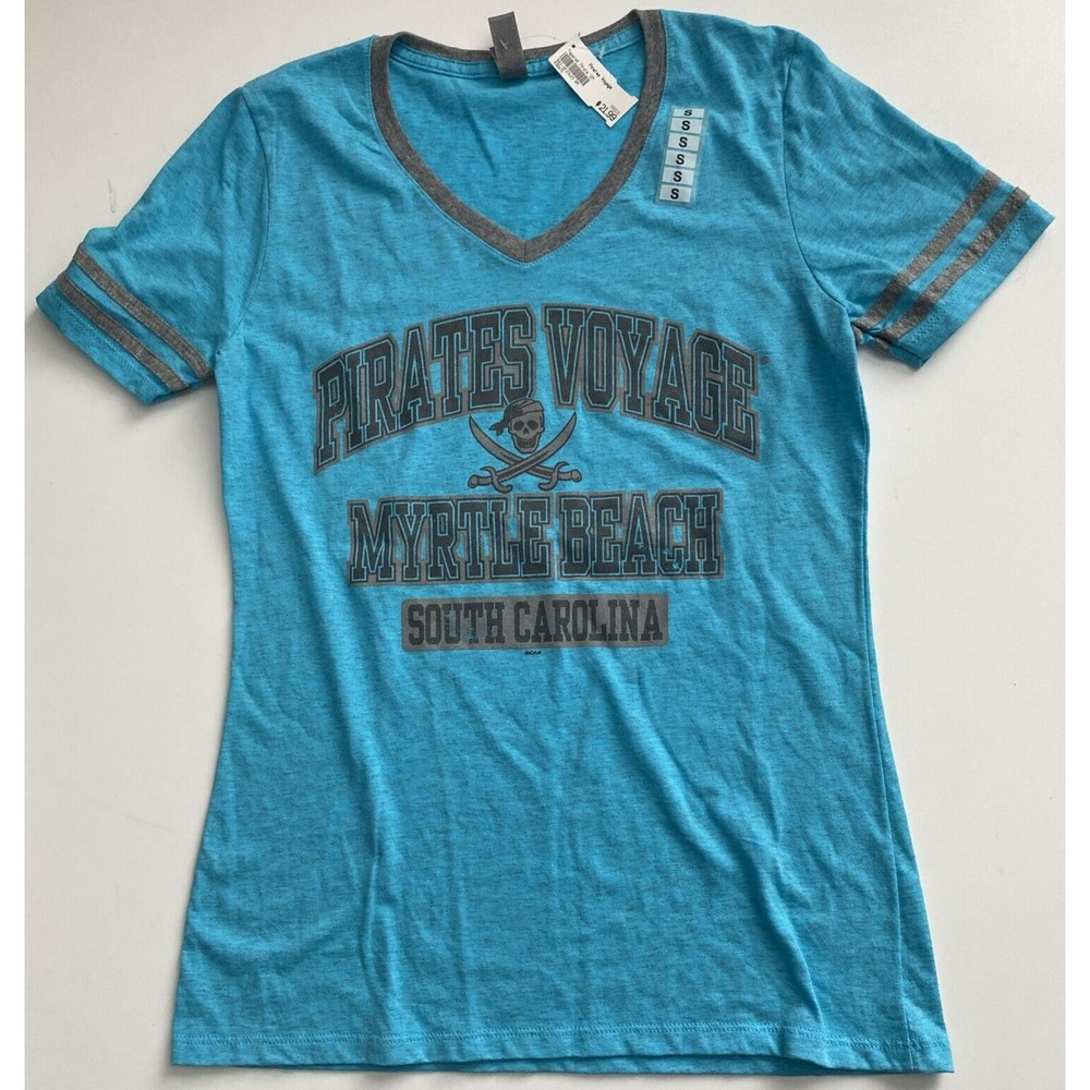 Myrtle Beach T-Shirt Women Small Blue Brand New Pirates Voyage V-Neck Graphic